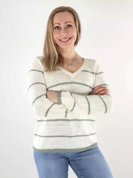 Only naisten raidallinen neule Geena V-Neck valkoinen / vihreä - Naisten neuleet - 137710 - 1