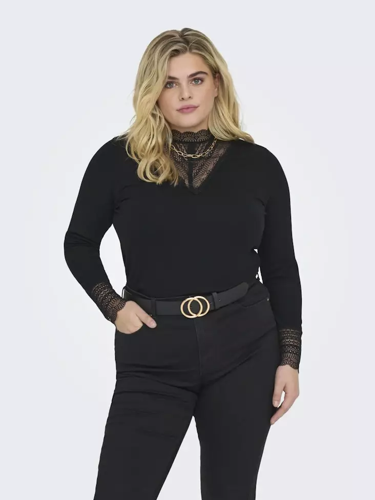 Only Carmakoma pluskoon ribattu paita Tilde Rib Lace musta - Naisten pitkähihaiset paidat - 137610 - 1