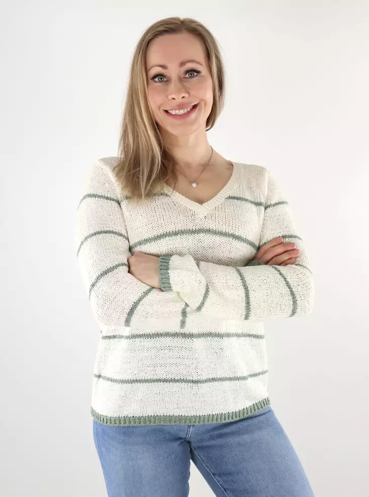 Only naisten raidallinen neule Geena V-Neck valkoinen / vihreä - Naisten neuleet - 137710 - 1