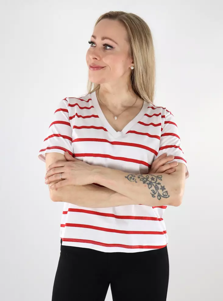 JJXX naisten raidallinen t-paita Annie V-Neck valkoinen / punainen - Naisten T-paidat - 137801 - 1
