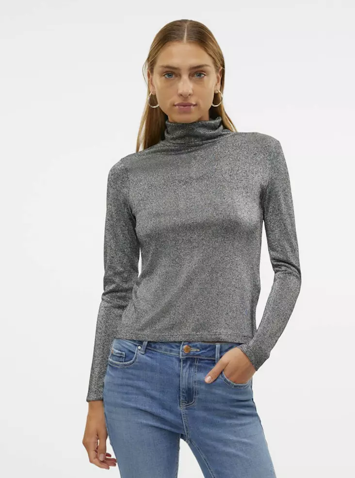 Vero Moda korkeakauluksinen glitterpaita Sarah musta/hopea - Naisten pitkähihaiset paidat - 137581 - 1