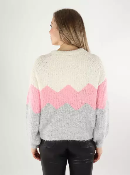 Only naisten neule Mae Zigzag O-Neck valkoinen/vaaleanpunainen - Naisten neuleet - 140042 - 2