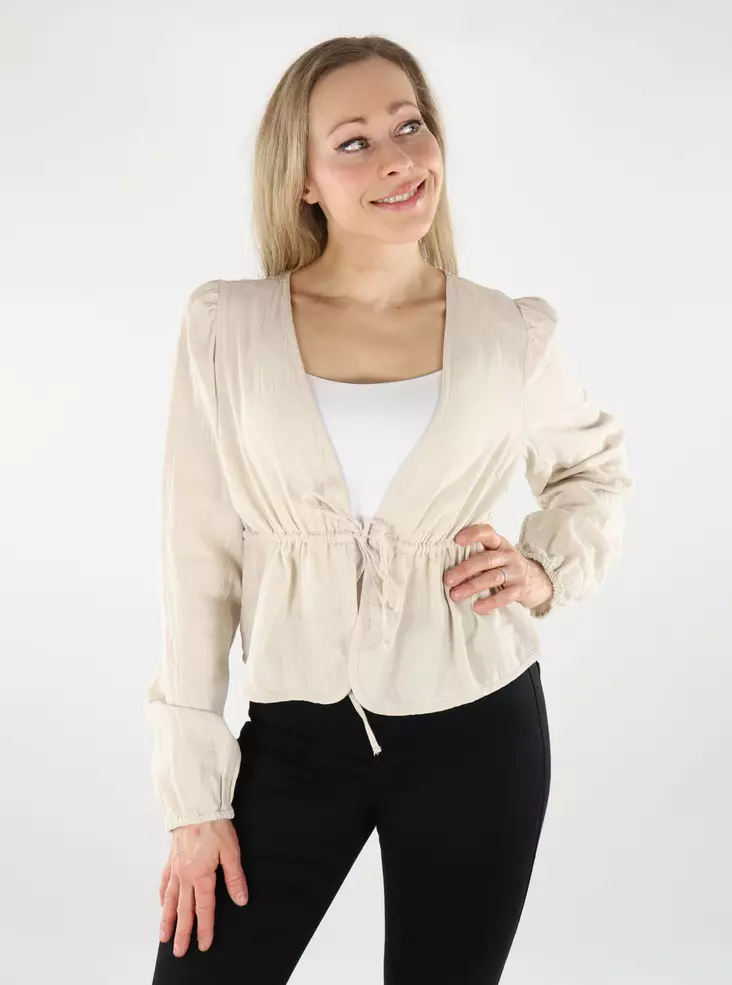 Pieces naisten luomupuuvillainen paita Sastina V-Neck beige - Naisten pitkähihaiset paidat - 138722 - 1