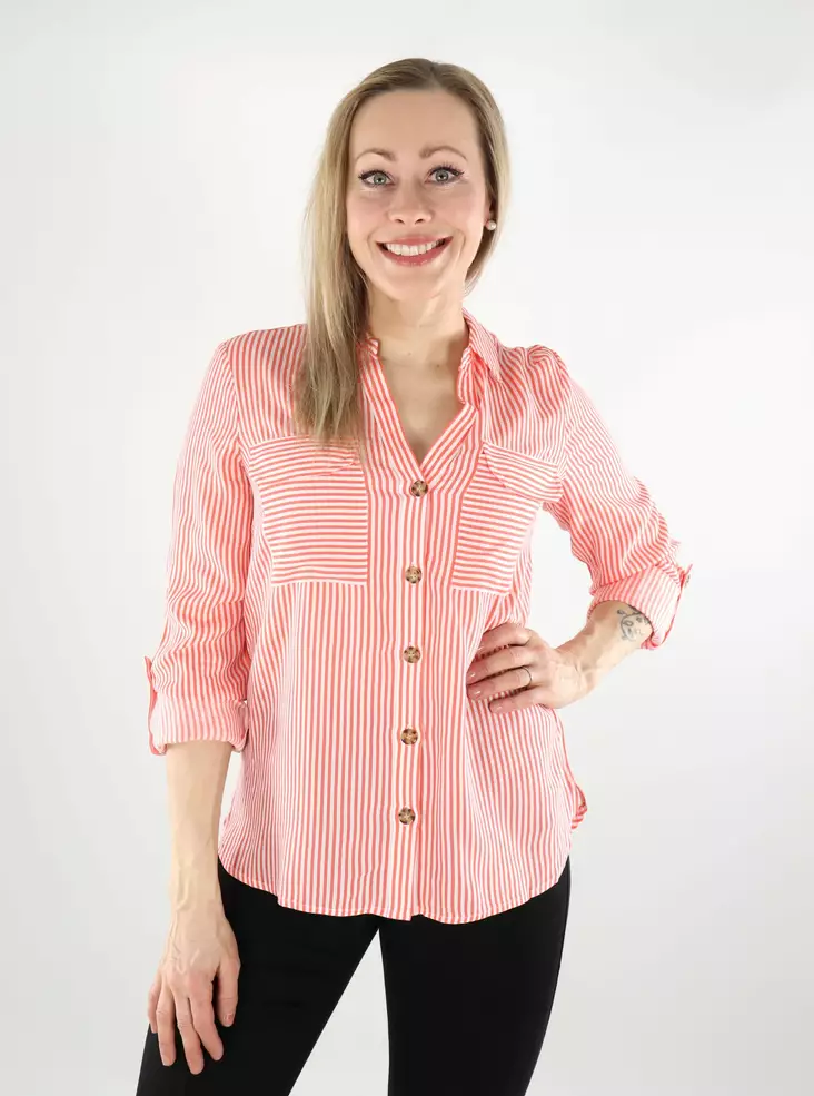 Vero Moda naisten raidallinen kauluspaita Bumpy Shirt koralli - Naisten kauluspaidat ja puserot - 137942 - 1