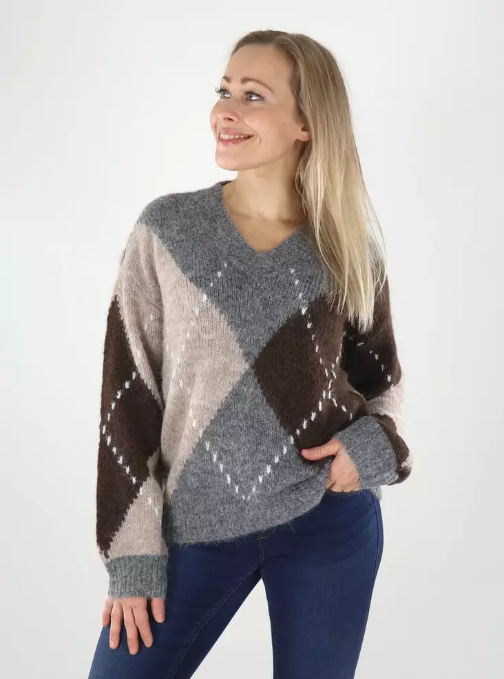 JDY Tröja JDYZOEY L/S V-NECK ARGYLE PULLOVER medium grey/chateau grey - Stickat för damer - 142173 - 1