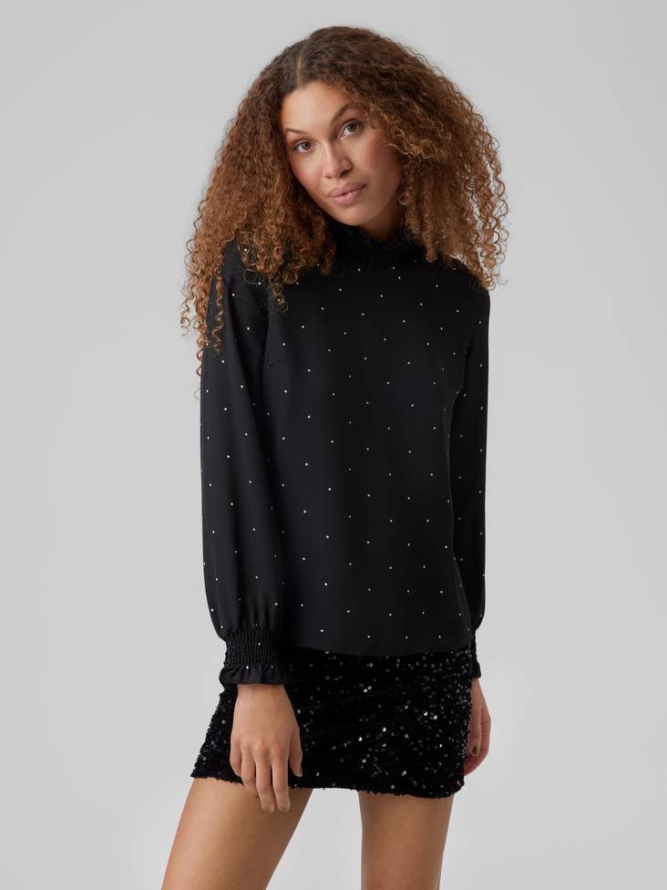 Vero Moda naisten pitkähihainen paita Maya smock musta/birch dots - Naisten pitkähihaiset paidat - 132566 - 1