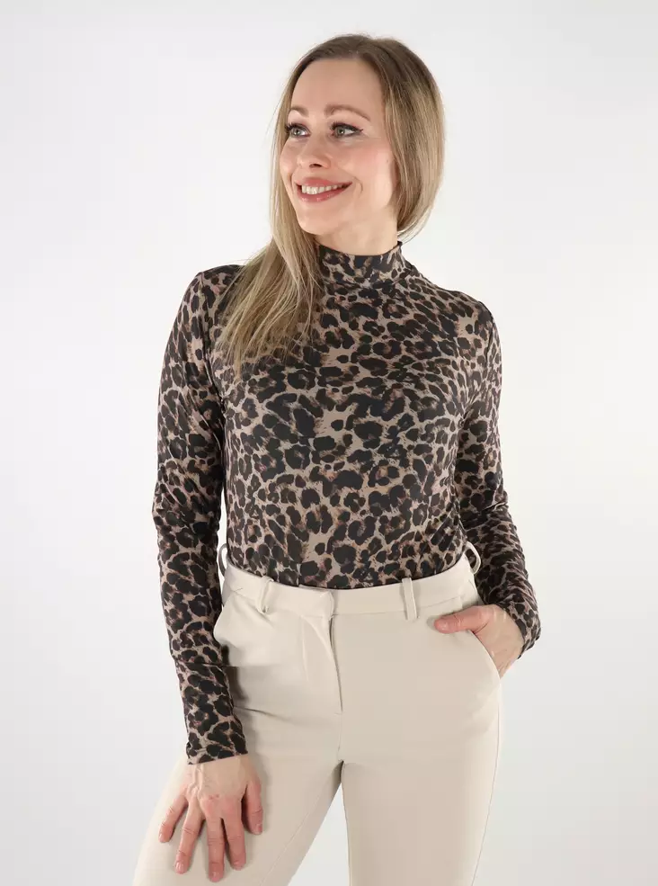 Vila naisten korkeakauluksinen paita Leoa Rollneck beige/leopardikuosinen - Naisten pitkähihaiset paidat - 137616 - 1