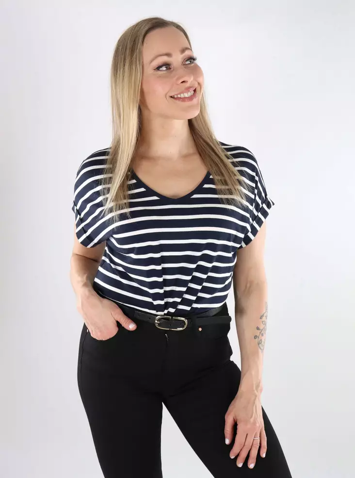 Only naisten raidallinen t-paita Moster V-Neck tummansininen/valkoinen - Naisten topit - 138337 - 1