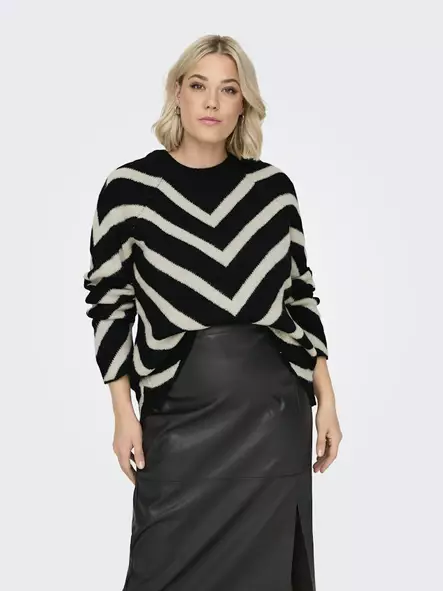 Only Carmakoma pluskoon neule Eliza Pullover black/w.cloud dancer - Naisten neuleet - 137138 - 1