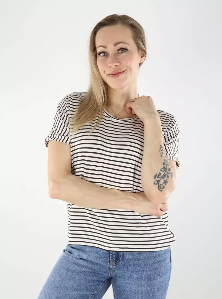 JDY naisten raidallinen t-paita Sissy O-Neck valkoinen/ruskea - Naisten T-paidat - 140438 - 1