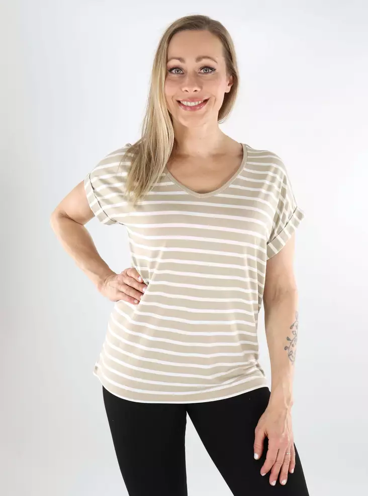 Only randig dam T-shirt Moster V-Neck feather gray/cloud dancer - T-shirts för damer - 138338 - 1