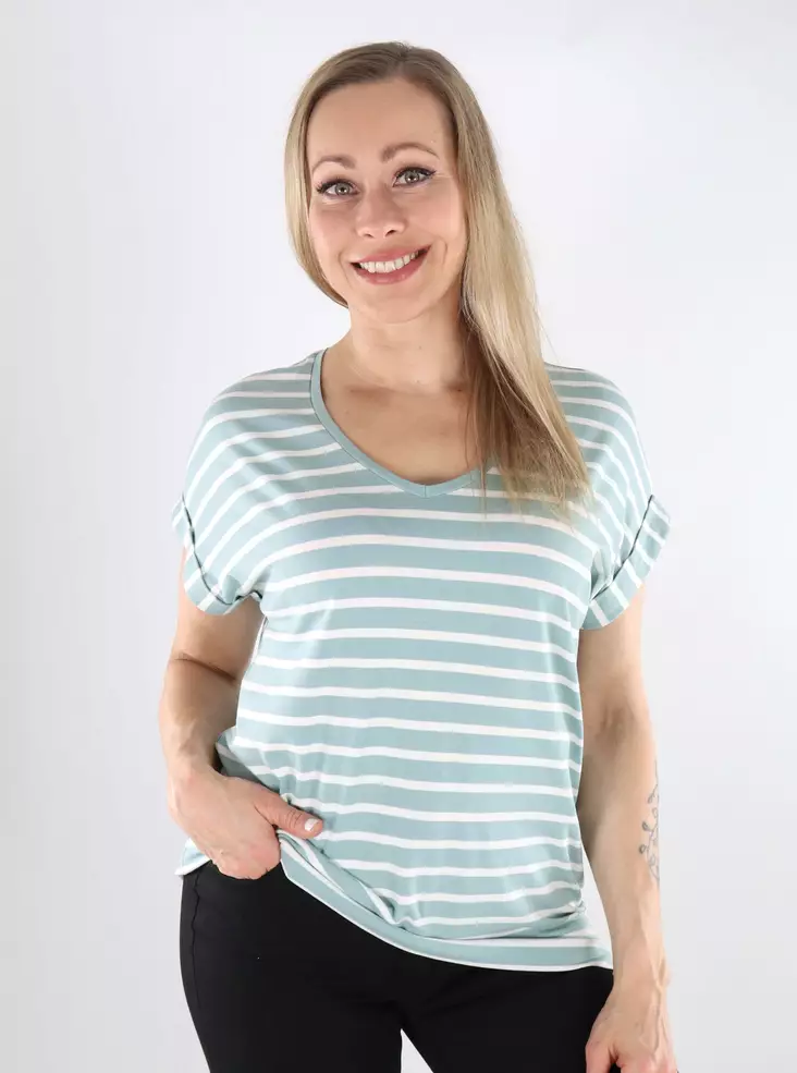 Only naisten raidallinen t-paita Moster V-Neck mintunvihreä/valkoinen - Naisten T-paidat - 138339 - 1